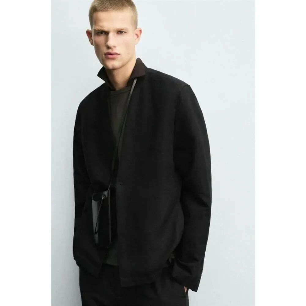 Zara Mens Suit Blazer M Black Relaxed Fit Collarless Jacket linen 5765/237 NWT
